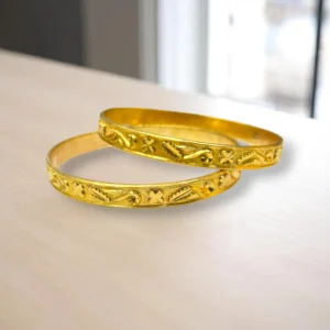 Engraved Leaf Border Gold Cover Bronze Bangles